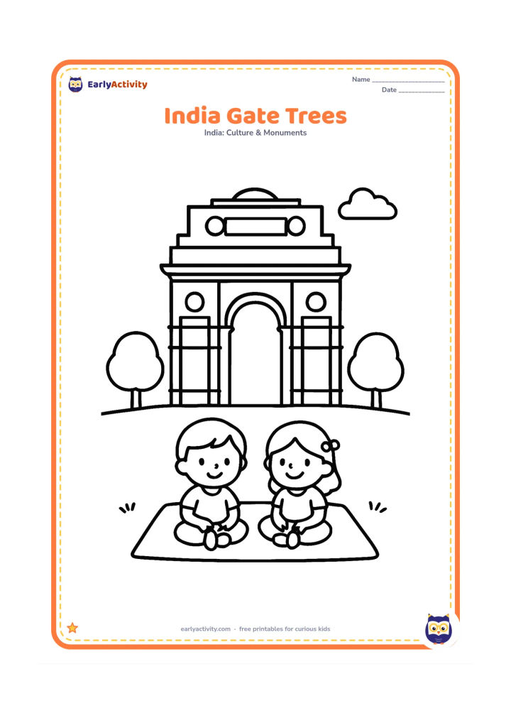 Colouring page: Show India Gate from the front with its broad arch and open sky, flanked by two round-canopy trees and a neat grassy ground. Add two children sitting on a picnic mat in the foreground.