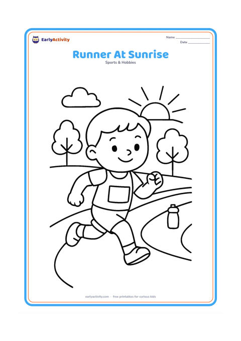 Colouring page: A child athlete runs along a track toward the rising sun, with a few trees, clouds and a water bottle beside the lane. Show one strong forward stride and a cheerful focused face.