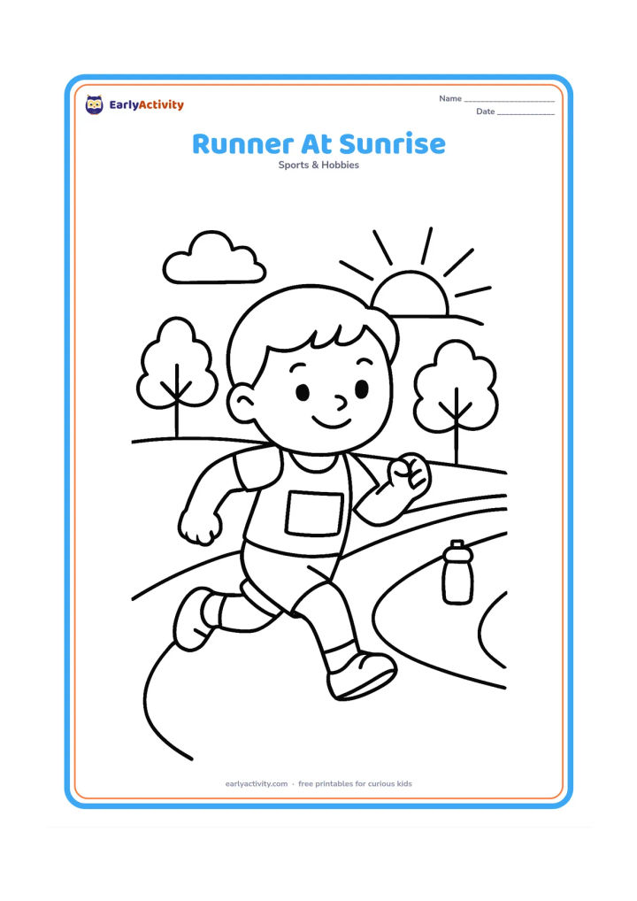 Colouring page: A child athlete runs along a track toward the rising sun, with a few trees, clouds and a water bottle beside the lane. Show one strong forward stride and a cheerful focused face.