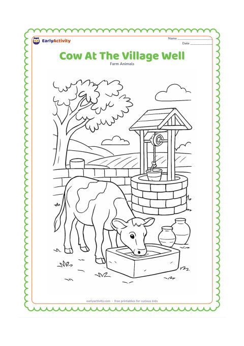 Colouring page: A cow drinks from a stone water trough beside a traditional village well with a pulley and rope. Include a leafy tree, earthen pots, a low wall, and a distant field.