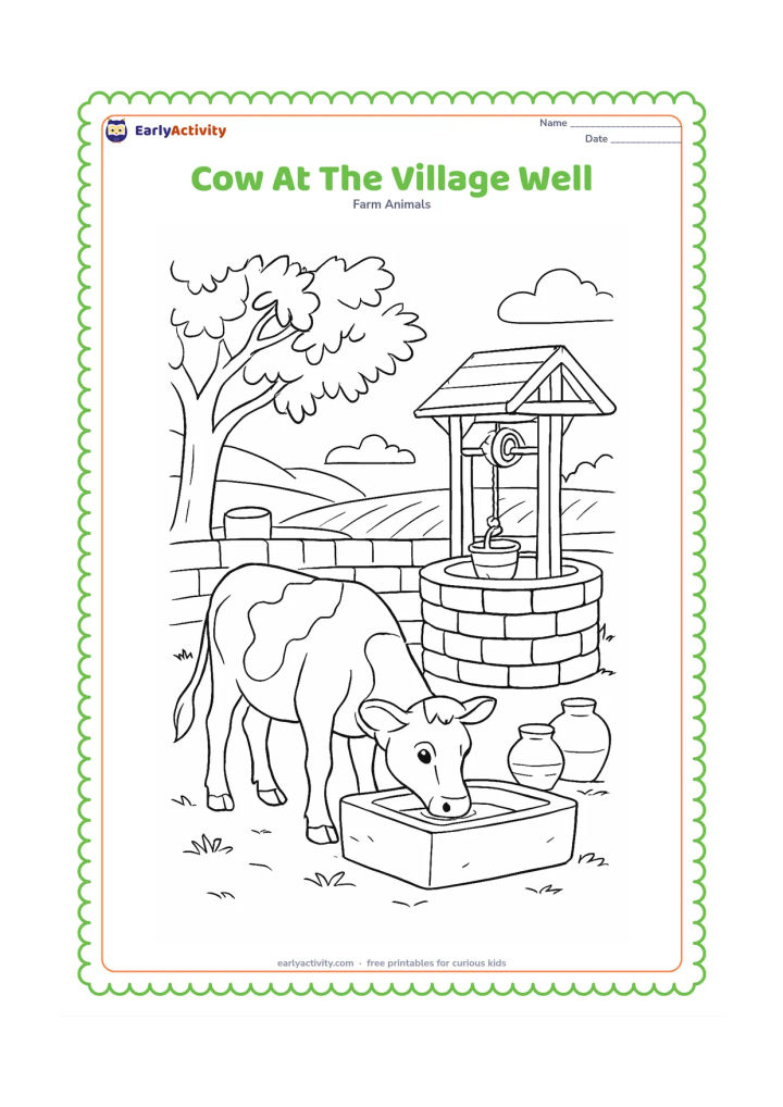 Colouring page: A cow drinks from a stone water trough beside a traditional village well with a pulley and rope. Include a leafy tree, earthen pots, a low wall, and a distant field.