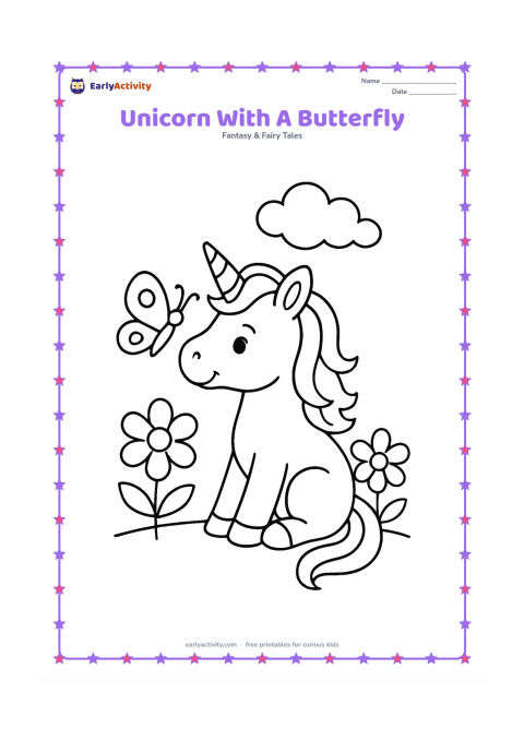 Colouring page: Draw one sitting unicorn gently watching a large butterfly near its nose. Add two big flowers and one soft cloud in the background.
