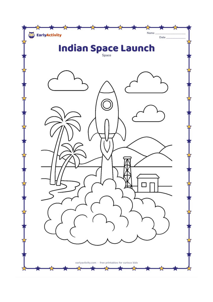 Colouring page: Show a rocket lifting from a coastal launch site inspired by an Indian landscape, with palm trees, a low launch tower, distant hills and broad smoke clouds. Include a small control…