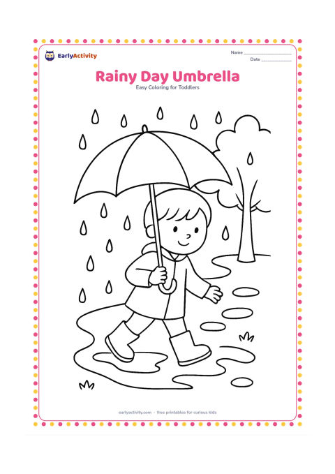 Colouring page: Draw a child walking under a large umbrella on a rainy path, wearing simple rain boots, with puddles, raindrops and one nearby tree.