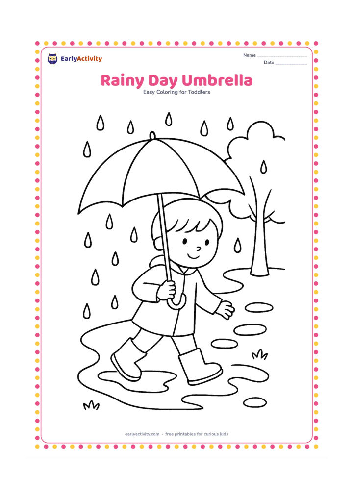 Colouring page: Draw a child walking under a large umbrella on a rainy path, wearing simple rain boots, with puddles, raindrops and one nearby tree.