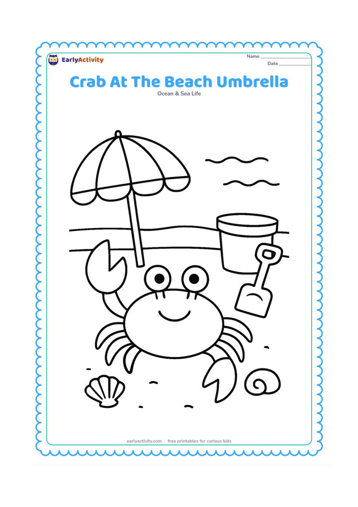 Colouring page: Draw a crab on the sand beside a large striped beach umbrella, a bucket without markings, one shovel and two shells. Include a few simple wave lines in the distance.