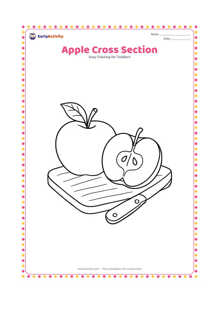 Colouring page: Draw a whole apple beside a neatly cut apple half, showing the central star shape, several large seeds, stem and leaves. Arrange them on a wooden kitchen board with a small knife safely…