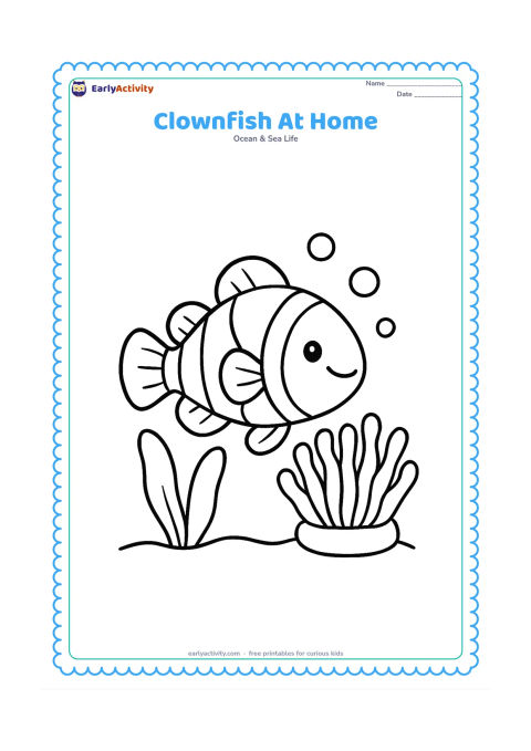 Colouring page: Draw one large smiling clownfish nestled beside a simple sea anemone, with a few round bubbles and two broad seaweed leaves around it. Keep the fish and anemone open and uncluttered in…