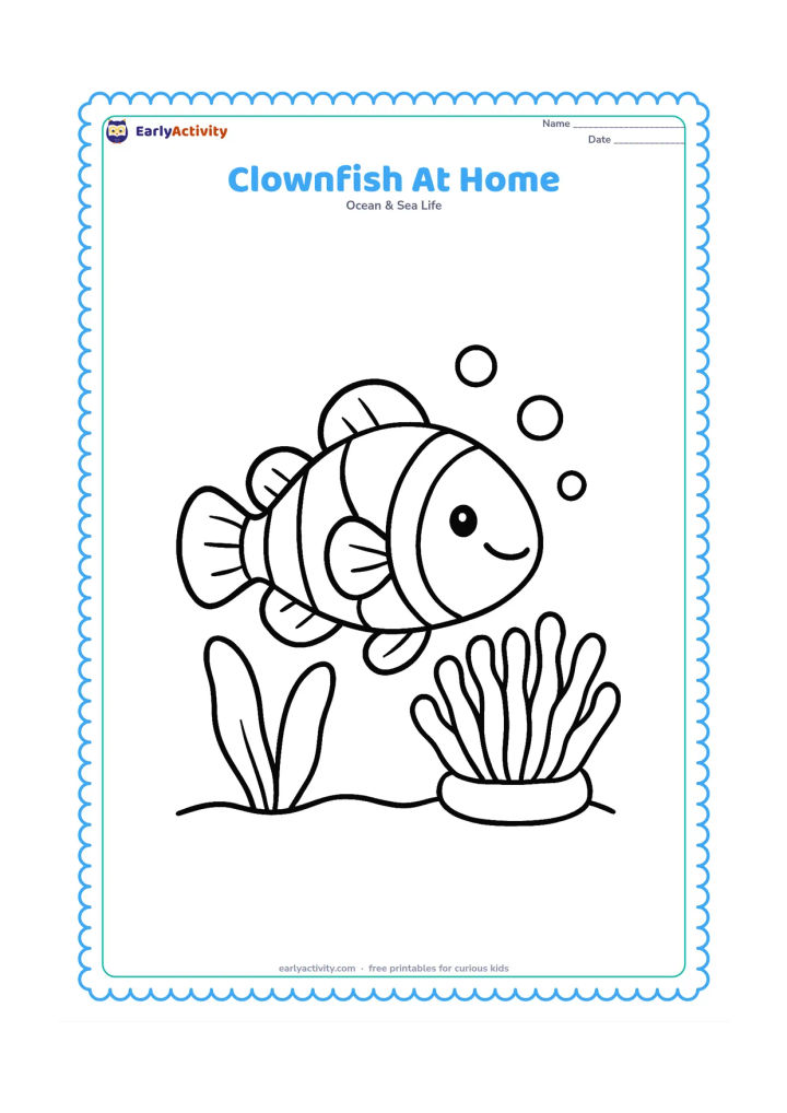 Colouring page: Draw one large smiling clownfish nestled beside a simple sea anemone, with a few round bubbles and two broad seaweed leaves around it. Keep the fish and anemone open and uncluttered in…