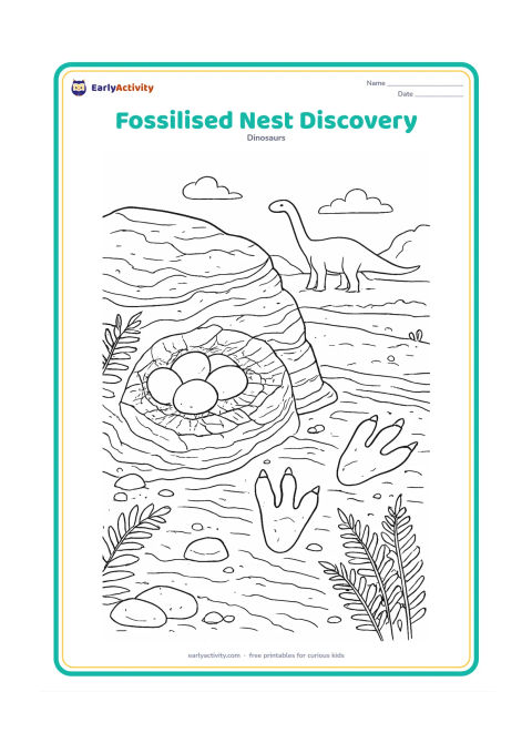 Colouring page: Show a natural rock formation with a partially exposed fossilised nest and several egg shapes, alongside preserved footprints in layered ground. Add ferns, pebbles, and a distant gentle…