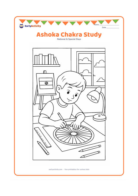 Colouring page: Draw a child carefully colouring a large Ashoka Chakra design on a classroom art sheet, with a ruler, pencils, an Indian flag reference on an easel and a desk lamp. Include shelves of…
