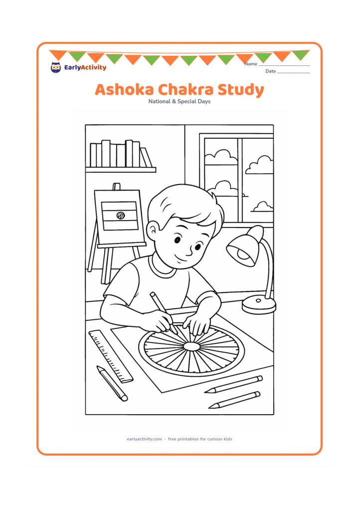Colouring page: Draw a child carefully colouring a large Ashoka Chakra design on a classroom art sheet, with a ruler, pencils, an Indian flag reference on an easel and a desk lamp. Include shelves of…