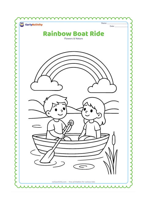 Colouring page: Draw two children sitting in a simple boat on a calm lake beneath a rainbow, with clouds, distant hills, reeds and a few circular ripples. One child holds a paddle while the other looks…