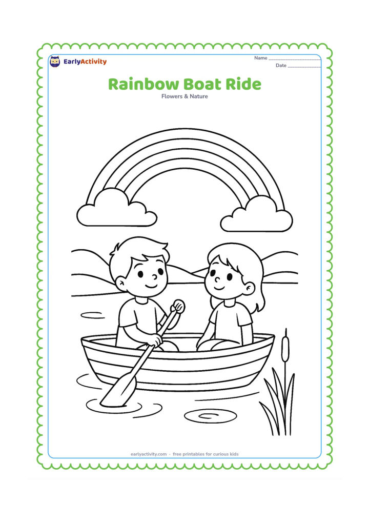 Colouring page: Draw two children sitting in a simple boat on a calm lake beneath a rainbow, with clouds, distant hills, reeds and a few circular ripples. One child holds a paddle while the other looks…