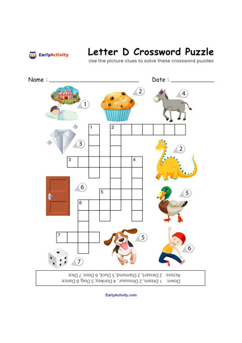 Worksheet with a letter D crossword puzzle and picture clues showing objects, animals and characters, plus spaces for name and date.