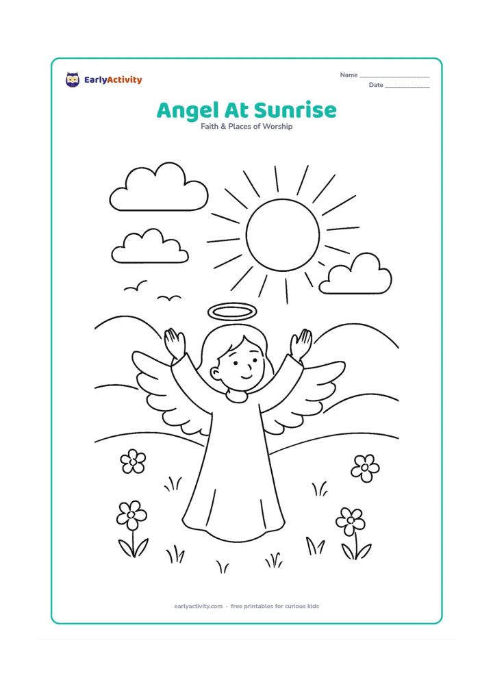 Colouring page: An angel raises both arms toward a rising sun above distant rounded hills. Add layered clouds, a few birds in the distance and small flowers in the foreground.