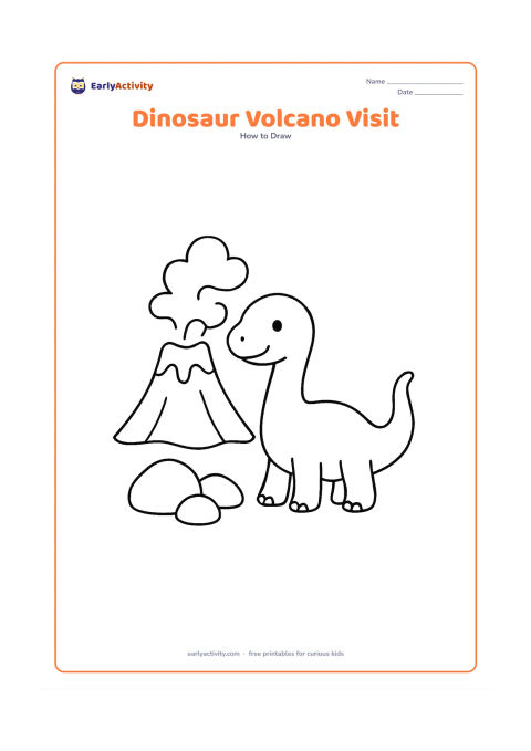 Worksheet: Show a cheerful long-tailed dinosaur beside a small quiet volcano, built from a body oval, head, legs, and tail. Add three large rocks and a few simple smoke curves without flames or…