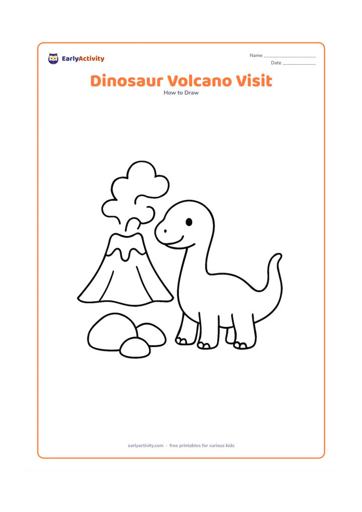 Worksheet: Show a cheerful long-tailed dinosaur beside a small quiet volcano, built from a body oval, head, legs, and tail. Add three large rocks and a few simple smoke curves without flames or…