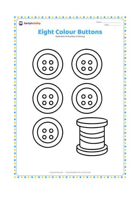 Colouring page: Draw exactly eight oversized buttons arranged in two neat rows beside a simple spool of thread. Give each button a clear pair or set of holes, with no letters or symbols inside them.