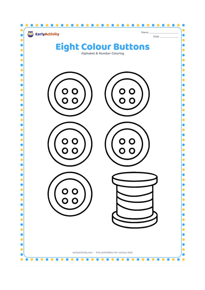 Colouring page: Draw exactly eight oversized buttons arranged in two neat rows beside a simple spool of thread. Give each button a clear pair or set of holes, with no letters or symbols inside them.