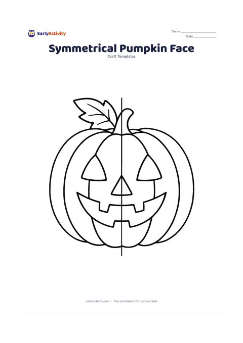 Worksheet: A large pumpkin is split by a clear vertical center line, with matching eyes, nose, mouth, leaf, and curved sections on both sides. Show the face as a balanced symmetry design with open…