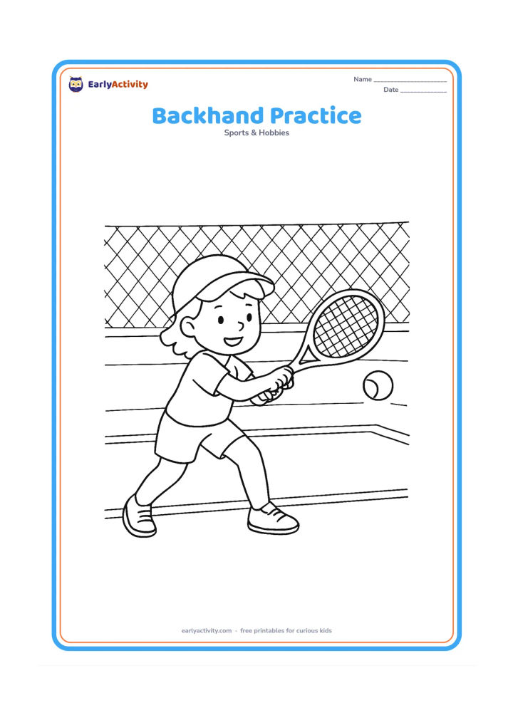 Colouring page: A child performs a two-handed backhand near the baseline, with a tennis ball approaching, a net beyond the service boxes, and a fence behind the court.