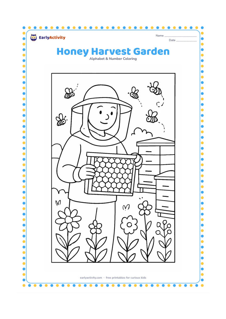 Colouring page: A beekeeper in a plain protective hat and veil holds a honey frame beside several beehives, flowering plants, and visiting bees. The hives, clothing, and frame must have no labels,…