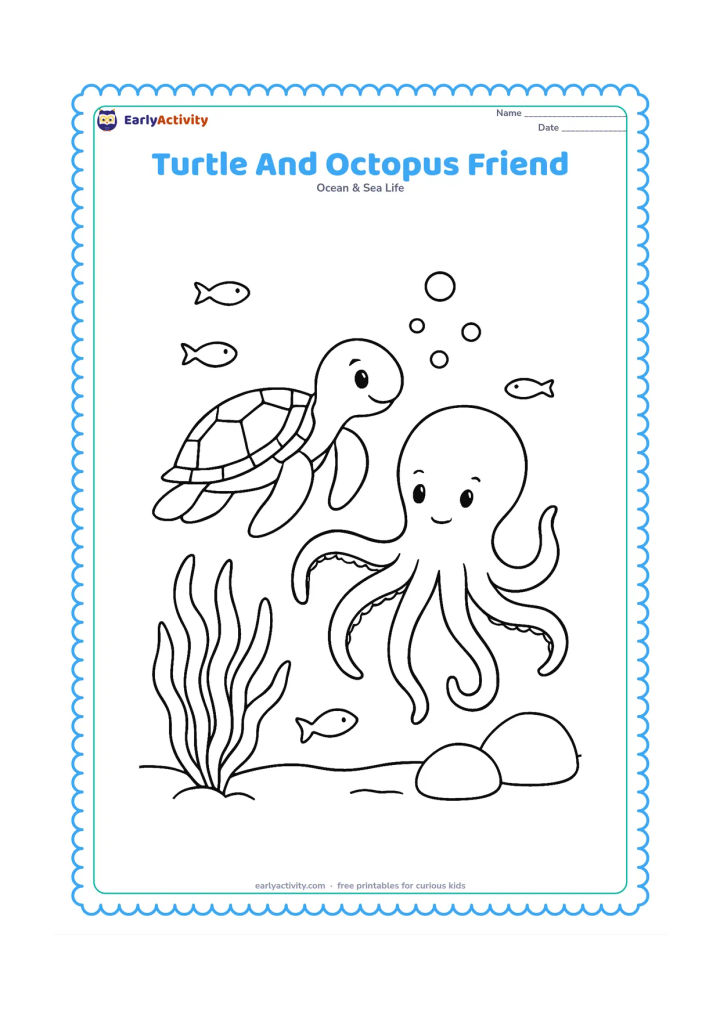 Colouring page: Draw a sea turtle swimming beside a gentle octopus near seaweed and rounded rocks, with bubbles and a few small fish in the background.
