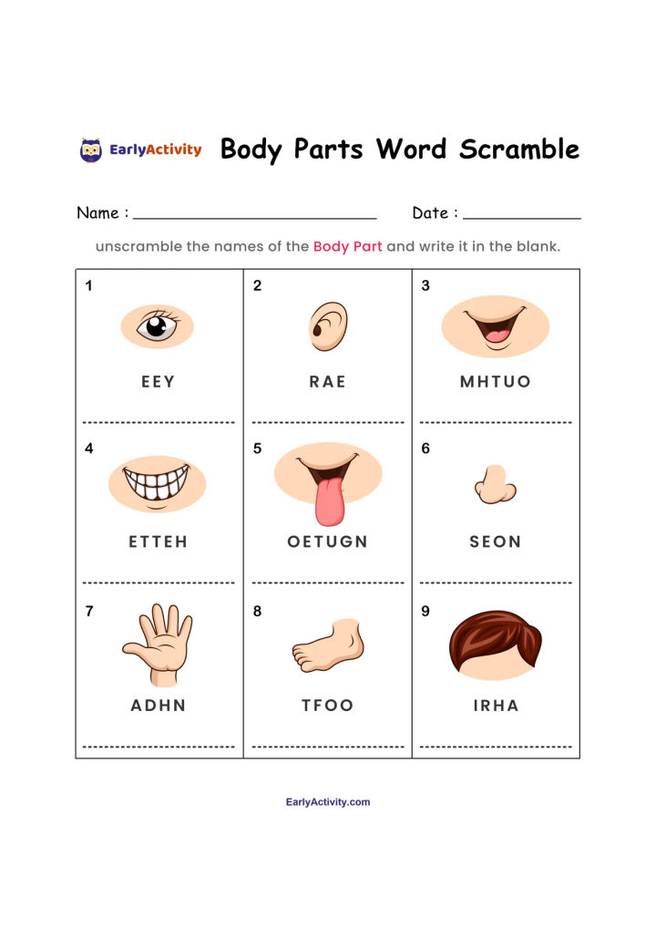 Worksheet showing nine body-part pictures with scrambled words, including an eye, ear, mouth, teeth, tongue, thumb, hand, foot and hair.