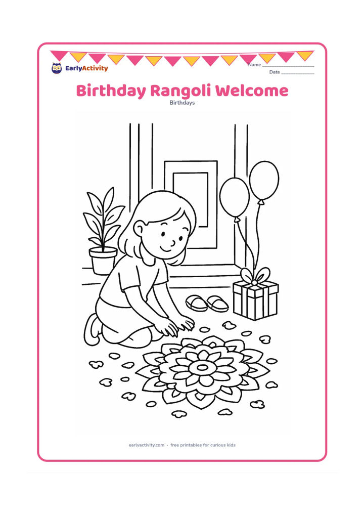 Colouring page: A child kneels beside a simple geometric rangoli at the entrance of a home, placing flower petals near a small birthday gift and two balloons. Show a doorway, sandals and a potted plant.