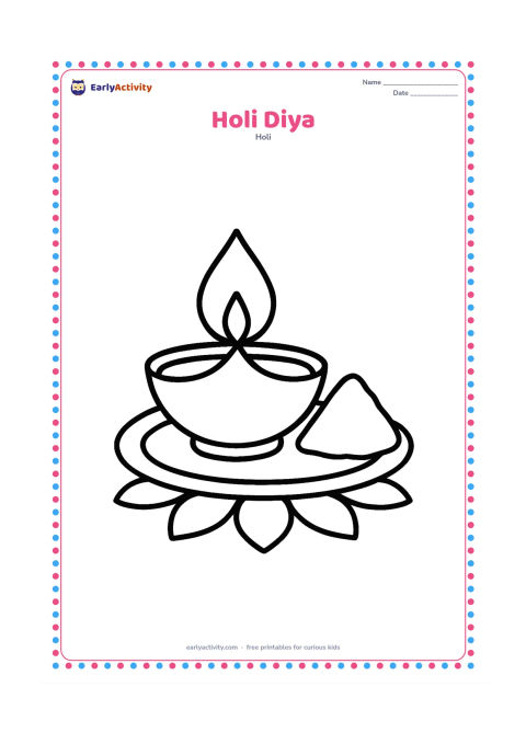 Colouring page: A single diya with a large flame sits on a simple decorated plate beside a small pile of gulal. Add a few large petals around the plate.