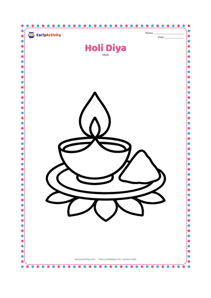 Colouring page: A single diya with a large flame sits on a simple decorated plate beside a small pile of gulal. Add a few large petals around the plate.