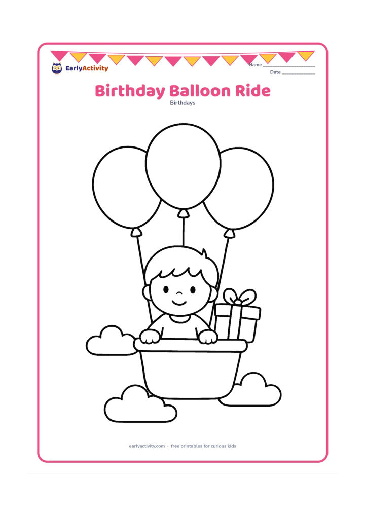 Colouring page: A child sits in a small basket beneath three oversized balloons, with a wrapped birthday gift resting beside the child. Place the scene above simple rounded clouds.