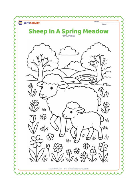 Colouring page: A mother sheep and lamb walk through a spring meadow filled with different flowers, fresh grass, leafy trees and a small arched bridge in the distance. Keep the animals in the foreground.