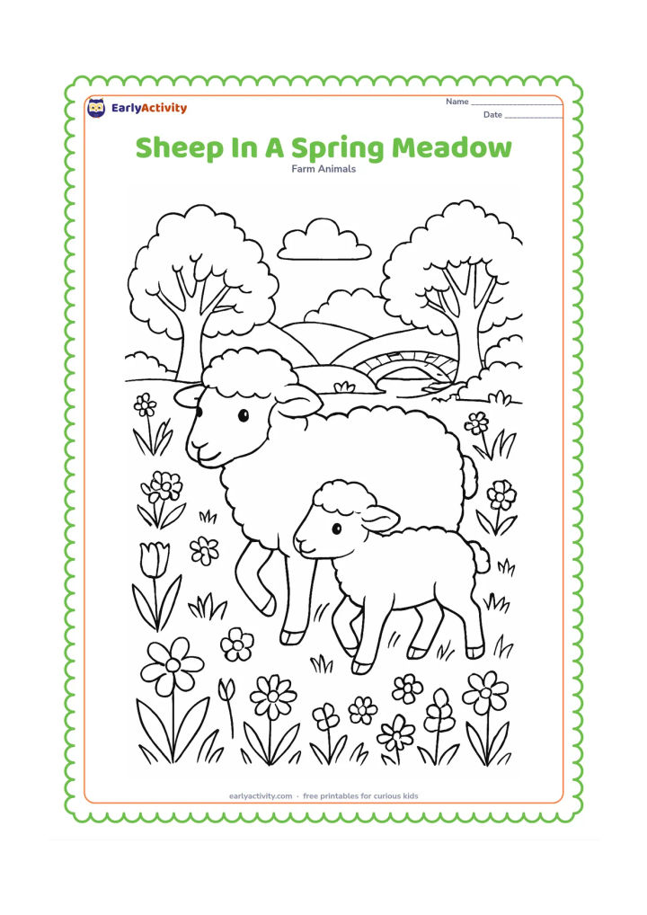 Colouring page: A mother sheep and lamb walk through a spring meadow filled with different flowers, fresh grass, leafy trees and a small arched bridge in the distance. Keep the animals in the foreground.