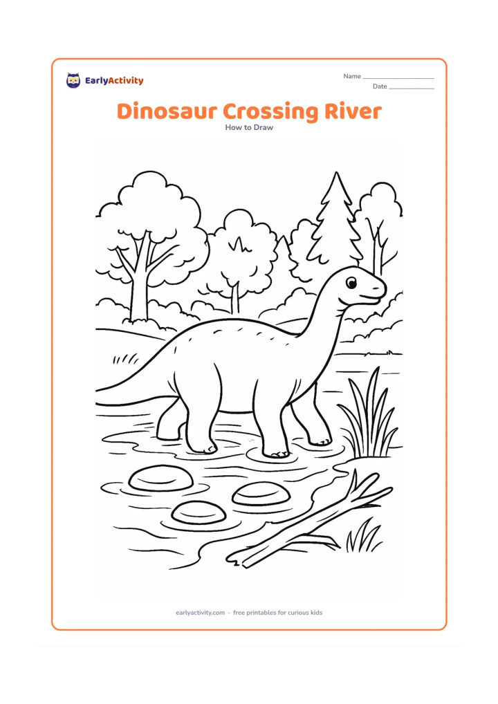 Worksheet: Show a broad-bodied dinosaur stepping through a shallow river, with one near leg partly hidden by water and a long tail balancing behind it. Add stepping stones, reeds, a fallen branch,…