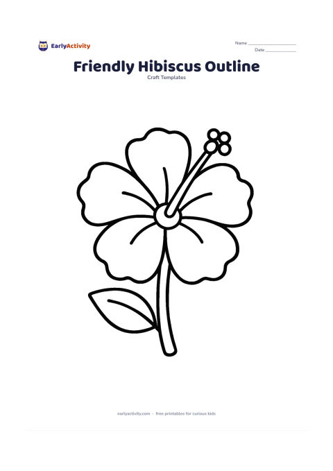 Worksheet: A large hibiscus with five wide wavy-edged petals, a round centre and one long simple central stamen. Include one broad leaf and a short stem beneath the bloom.