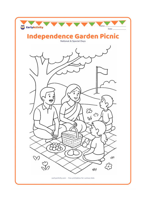 Colouring page: Draw an Indian family having a peaceful picnic beneath a large tree, with a basket, fruit, small flags and a blanket. Include a child looking toward a flagpole in the distance and a few…