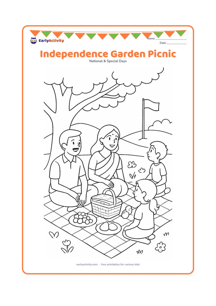 Colouring page: Draw an Indian family having a peaceful picnic beneath a large tree, with a basket, fruit, small flags and a blanket. Include a child looking toward a flagpole in the distance and a few…