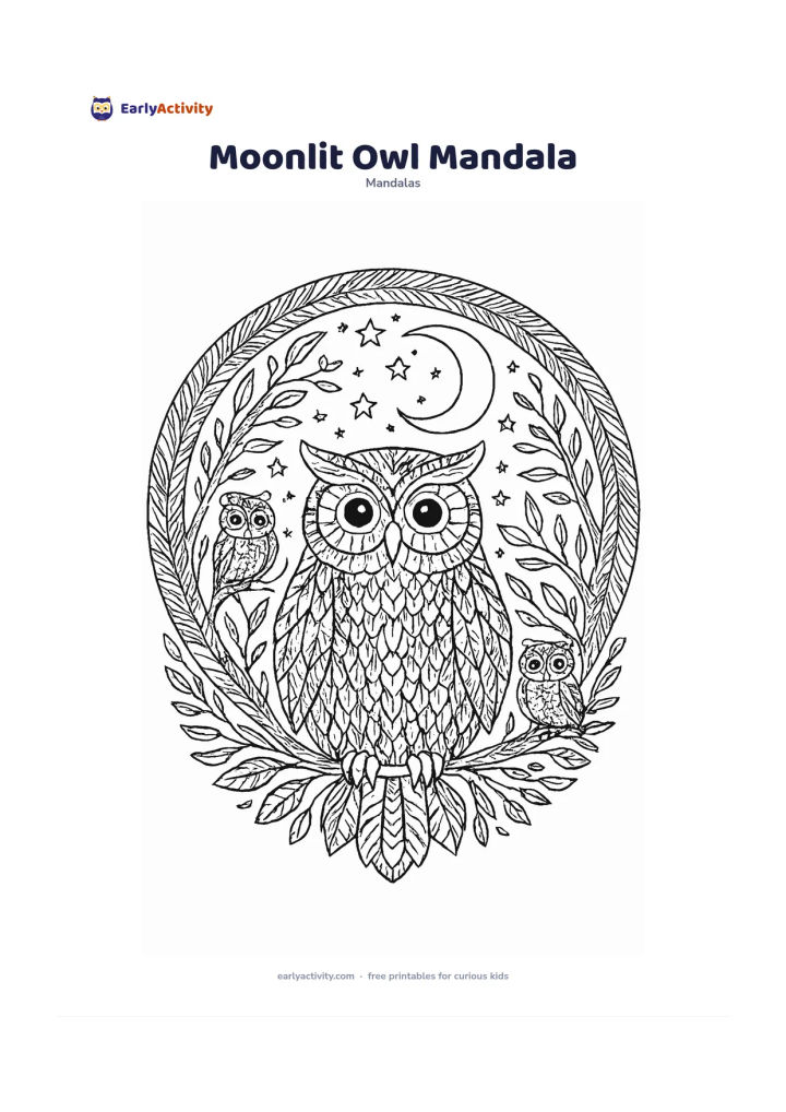Colouring page: Design a circular night mandala with a friendly owl perched at the centre, surrounded by crescent-like arcs, stars, moonlit branches and layered feather patterns. Add two smaller owls…