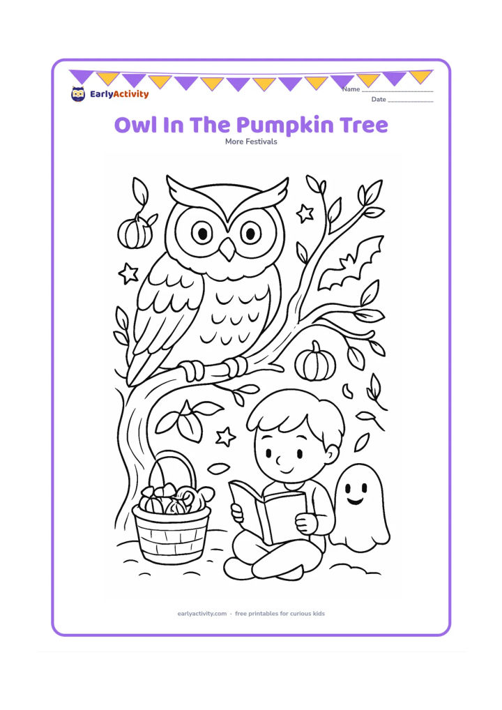 Colouring page: Draw a large friendly owl perched in a twisting tree decorated with small pumpkins, leaves, stars, and paper bats. Below it, place a child reading a picture book beside a basket of…