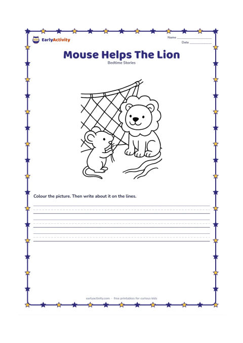 Printable: The mouse stands beside the net and nibbles one rope while the lion waits patiently inside. Show a large loop of net, a tree root and the mouse's tiny teeth.