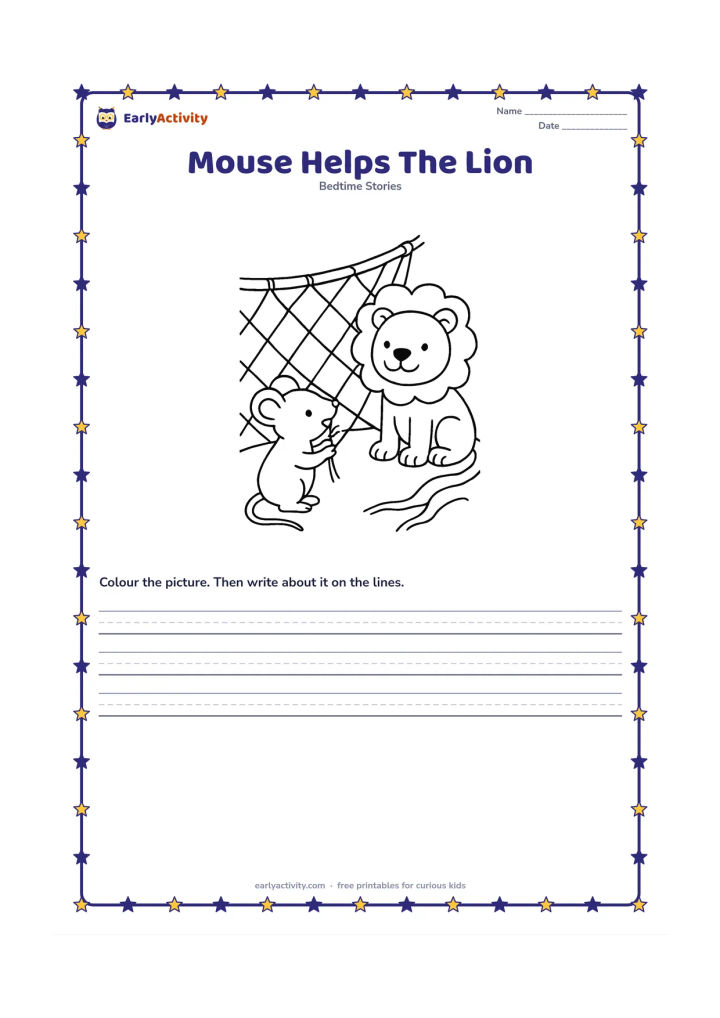 Printable: The mouse stands beside the net and nibbles one rope while the lion waits patiently inside. Show a large loop of net, a tree root and the mouse's tiny teeth.