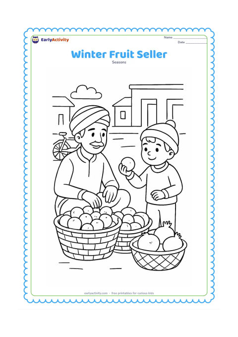 Colouring page: A fruit seller sits beside baskets of oranges, guavas and pomegranates while a child in a wool cap selects one fruit. Set the scene on a simple Indian street with a bicycle and a few…