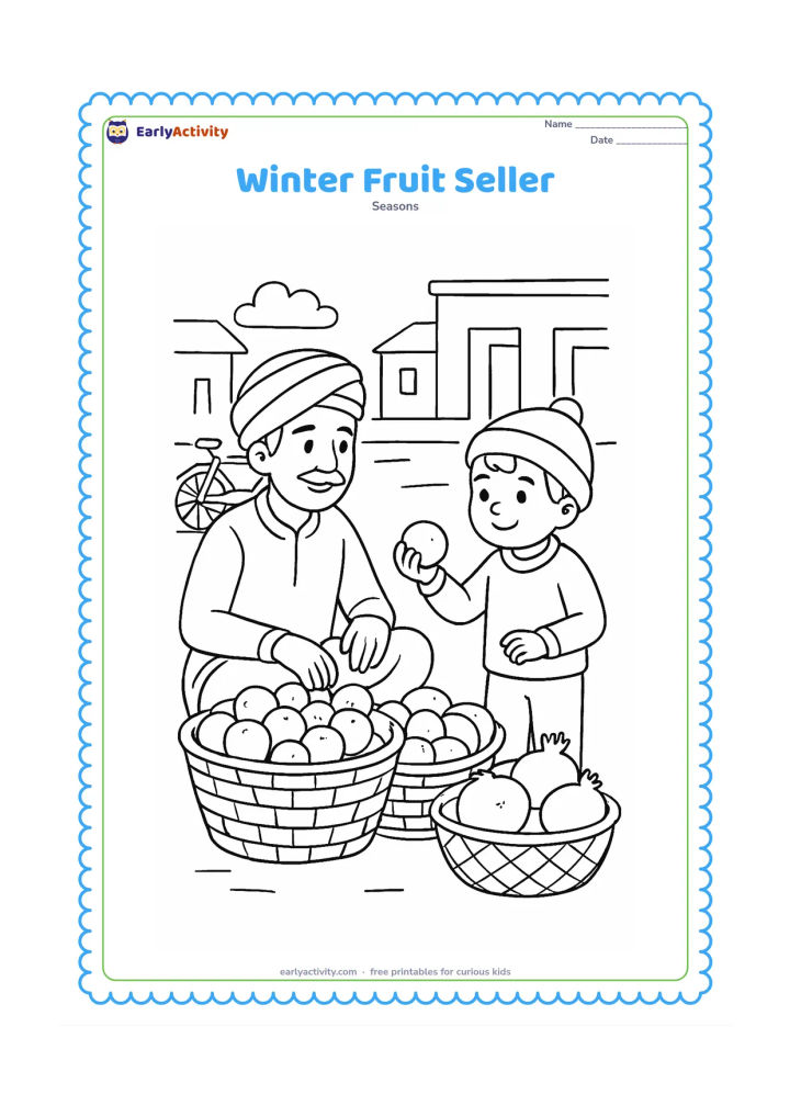 Colouring page: A fruit seller sits beside baskets of oranges, guavas and pomegranates while a child in a wool cap selects one fruit. Set the scene on a simple Indian street with a bicycle and a few…