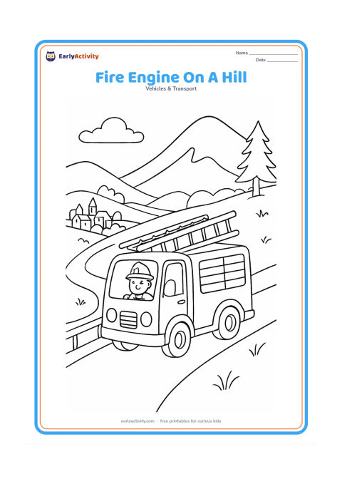Colouring page: Draw a fire engine climbing a winding hill road, with a ladder secured on top and a firefighter looking from the cab. Add mountain slopes, trees, a roadside barrier and a distant village.