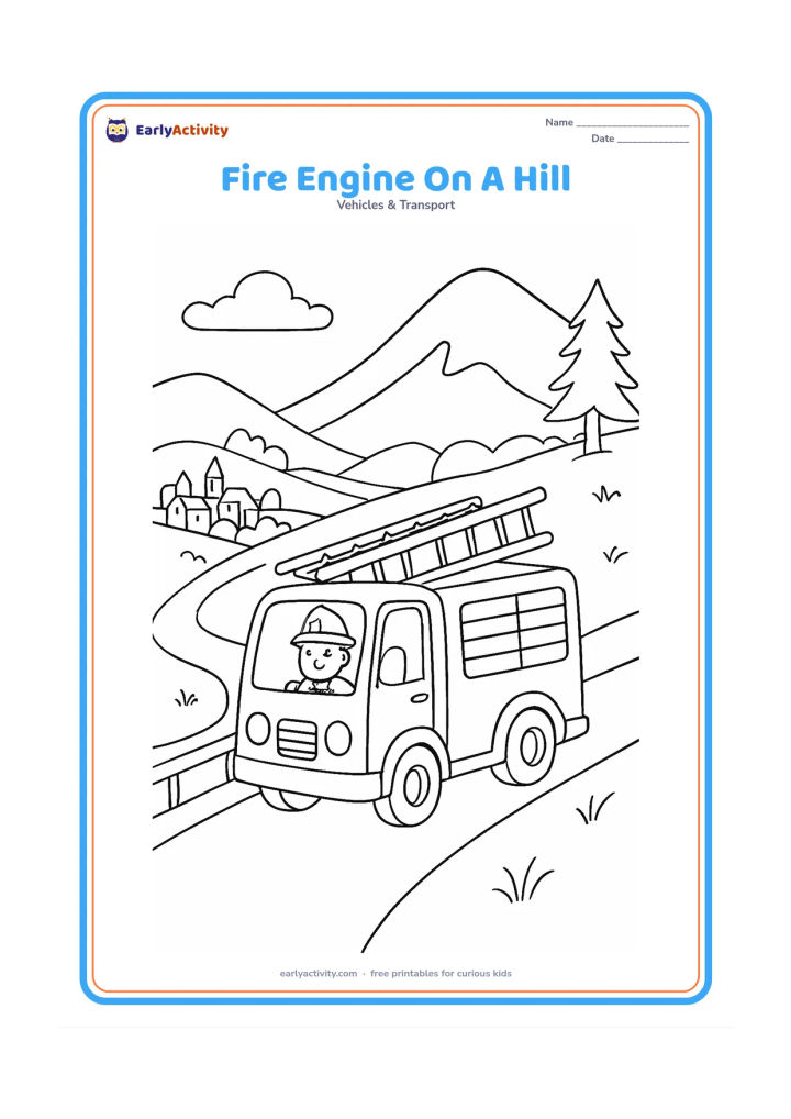 Colouring page: Draw a fire engine climbing a winding hill road, with a ladder secured on top and a firefighter looking from the cab. Add mountain slopes, trees, a roadside barrier and a distant village.