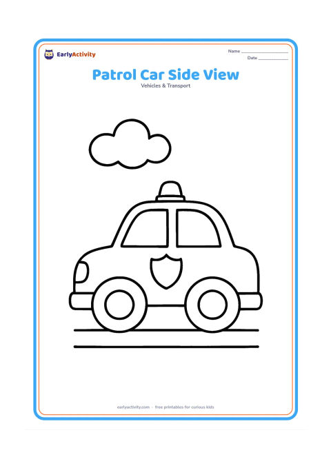 Colouring page: Draw a simple police car in a clear side view, with two large wheels, big windows, a roof light and a plain shield-shaped badge on the door. Place it on a short straight road with one cloud.