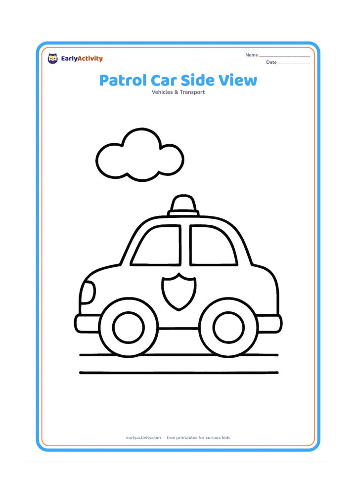 Colouring page: Draw a simple police car in a clear side view, with two large wheels, big windows, a roof light and a plain shield-shaped badge on the door. Place it on a short straight road with one cloud.