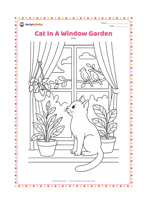 Colouring page: Draw a cat perched safely on a wide indoor windowsill among several potted plants, looking toward birds in a distant tree outside. Include curtains, window panes, leaf veins, and a…